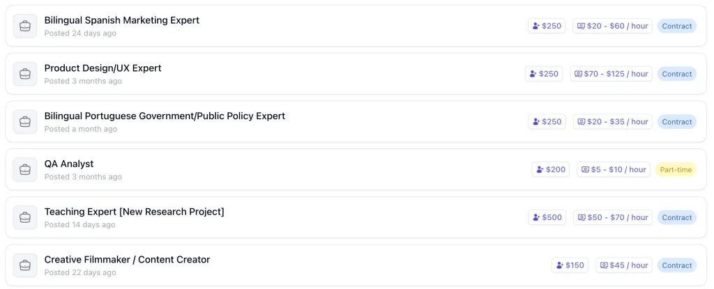 Examples of jobs in Mercor, paying in dolar and per hour